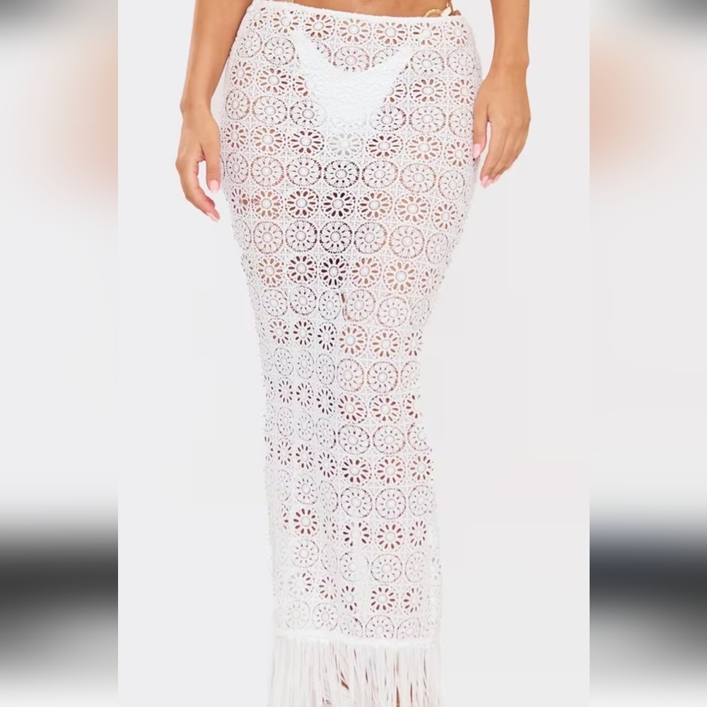 NWT EGO White Crochet Tassel Maxi Skirt — Festival / Resort. Size 2